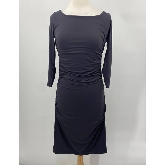 Susana Monaco Dress Ruched Bodycon Long Sleeves Boat Neck Stretchy Grey Womens L - Picture 2 of 8
